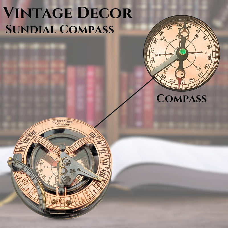 Antique Brass & Copper Sundial Compass, Sundial Clock in Box Gift Sun Clock Ship Replica Watch, Nautical Gifts for Men, Unique Nautical Decor, Naval Maritime Sundial (#5 Antique Gilbert) #5 Antique Gilbert