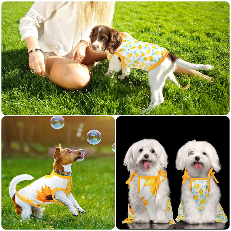 4 Pieces Pet Clothes Set Include 2 Pieces Cute Pet Dress Lovely Fruit Dog Dress and 2 Pieces Dog Shirt Breathable Pet T-Shirt Puppy Clothes for Pet (Pineapple, Sunflower,Medium) Pineapple, Sunflower Medium