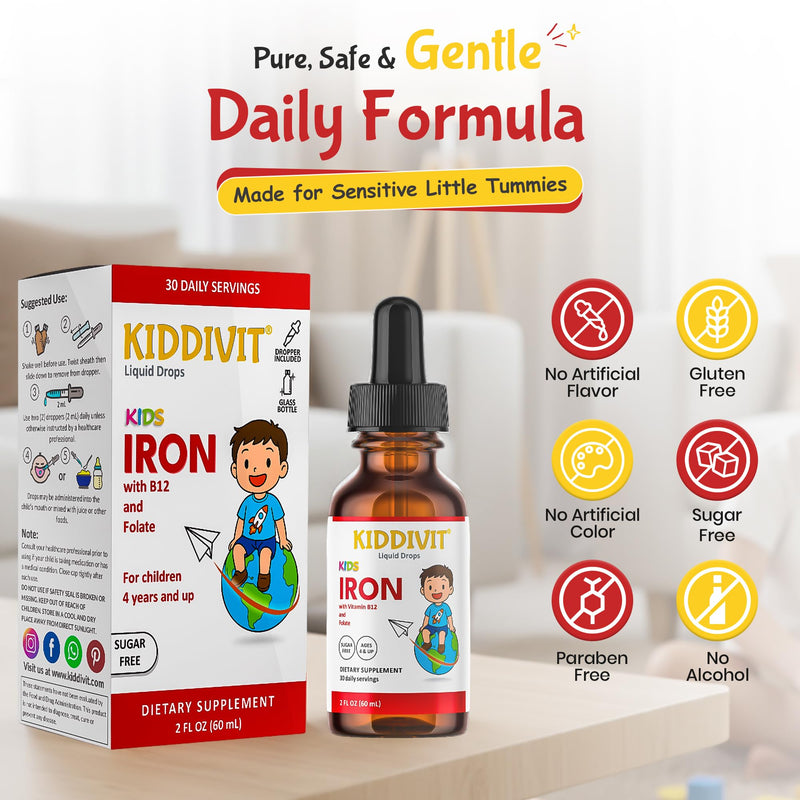 Iron Kids Liquid Drops with Vitamin B12 & Folate – 30 Daily Servings, 2 FL OZ (60 mL) – Gentle Formula, Sugar Free, Gluten Free, Vegetarian
