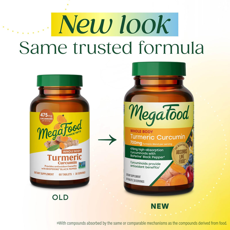 MegaFood Whole Body Turmeric Curcumin Supplement, Black Pepper, 60 Tablets | 475 mg Curcuminoids Per Serving, Turmeric With Black Pepper and Vitamin C, Antioxidant and Immune Support, Vegan, 30 Servings 60 Count (Pack of 1)