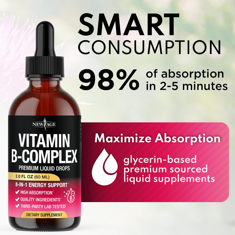 NEW AGE Vitamin B-Complex B5 Pantothenic Acid | B12 Methylcobalamin | B1 Thiamine | B6 Pyridoxine | B7 Biotin | B9 Folic | B3 Niacinamide - B Complex Liquid Drops, Made in USA Supplement - 8fl oz 2 Fl Oz (Pack of 4)
