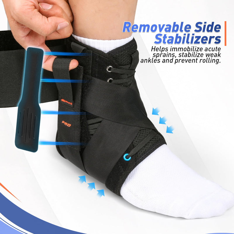 Quick Lace Up Ankle Brace for Women Men with 2 Removable Side Splints, Ankle Support Brace for Sprained Ankle, Achilles Tendonitis, Ankle Stabilizer for Basketball,Volleyball,Soccer,Tennis,M(12”-13”) Medium New Black - BeesActive Australia