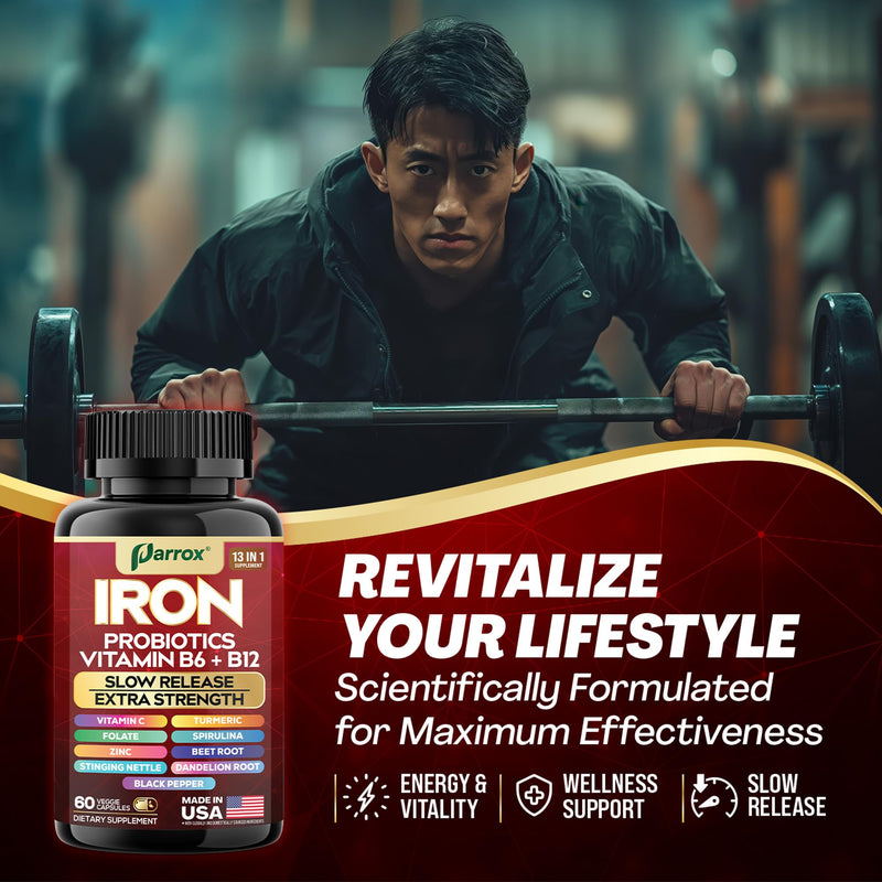 Iron Bisglycinate Supplement, Slow Release Probiotics, 60 Caps, 2 Pack | With Probiotics, Spirulina, Turmeric, Vitamins B6, B12, C, Zinc, Beetroot, Nettle Leaf, Dandelion Root 60 Count (Pack of 2)