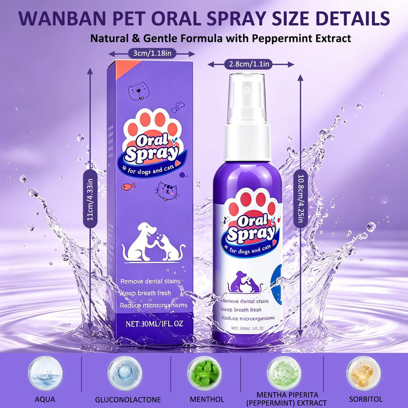 Wanban Pet Oral Spray, Teeth Cleaning Spray for Dogs and Cats, Pet Breath Freshener and Teeth Cleaning Sprays, No Brushing, 30ml Each (2pcs)