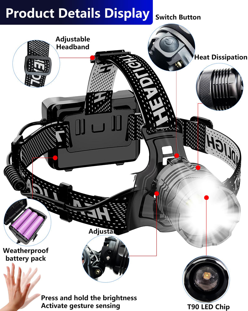 Rechargeable Headlamp, 100,000LM Bright HeadLamp, 40H Runtime Weatherproof LED Headlight, 90° Adjustable Zoom Headlights for Forehead, Hiking Camping Headlamps for Adults