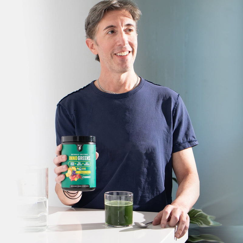 Inno Greens | 28+ Organic Greens & Superfoods | Advanced Prebiotics + Probiotics | Super Antioxidant + Hydration | Spirulina, Chlorella, Ashwagandha | Natural | 30 Servings (Strawberry Banana) Strawberry & Banana
