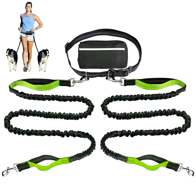 𝐇𝐞𝐚𝐯𝐲 𝐃𝐮𝐭𝐲 Hands Free Dog Leash for 2 Dogs – Dual Bungee Running Leash with Adjustable Waist Belt, Tangle-Free 360° Swivel, Shock Absorbing, Padded Handles & Zipper Pouch - BeesActive Australia