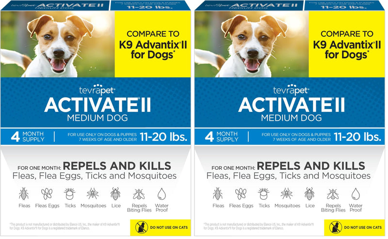 TevraPet Activate II Flea and Tick Prevention for Dogs | 4 Count | Medium Dogs 11-20 lbs | Topical Drops | 4 Months Flea Treatment (Pack of 2) Medium 11-20 lbs (Pack of 2)