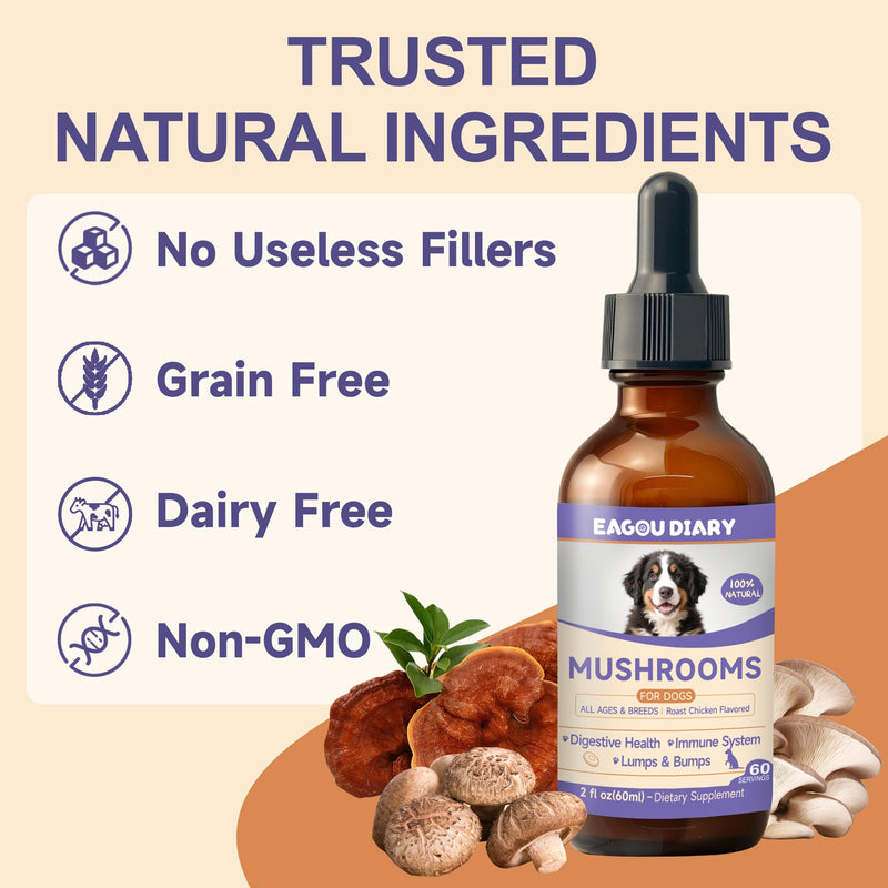 Mushroom for Dogs - with Turkey Tail Mushroom for Dogs, Lion’s Mane, Shiitake, Supports Joint & Gut Health, Enhances Energy, Lumps & Bumps Supplement,Organic Mushrooms Supplement for Dog, 60ml Drop