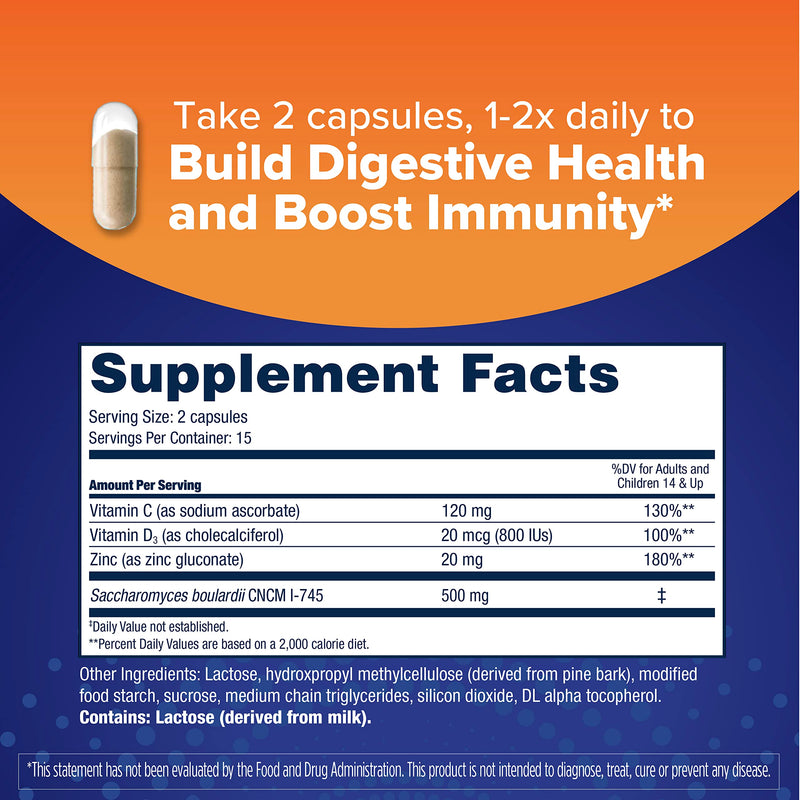 Florastor Advanced Immunity Boost Daily Probiotic & Immune Support Supplement for Women and Men, Saccharomyces Boulardii CNCM I-745 Plus Zinc, Vitamin C & D3 (30 Capsules) (Pack of 2) 30 Count (Pack of 2)