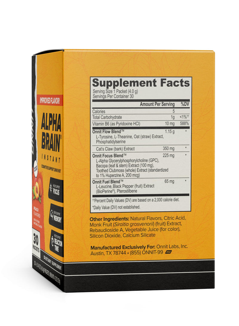 ONNIT Alpha Brain Instant Nootropic Focus Drink Mix, Peach, 30 Packets | Nootropic drink mix packets; L-Theanine, Alpha GPC & B6 support focus, memory & mental clarity; on-the-go brain supplement