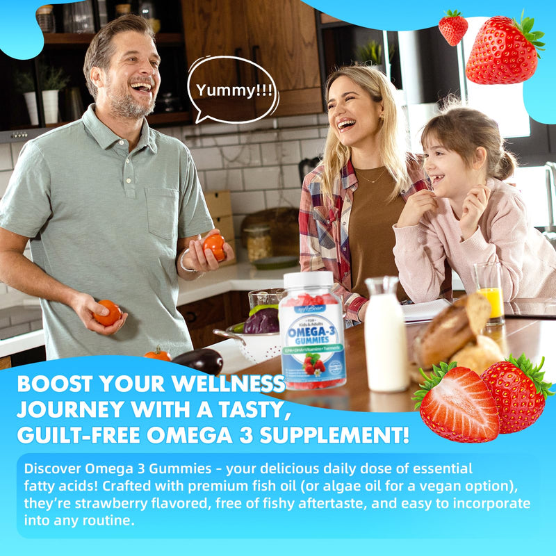 softbear Omega 3 Gummies for Women & Men & Kids Omega 3 Supplements 1200mg Vegan Omega 3 Fatty Acids DHA EPA with Vitamins Support Eye & Brain Health, Sugar Free, Strawberry Flavor 120 Count 60 Count (Pack of 2)