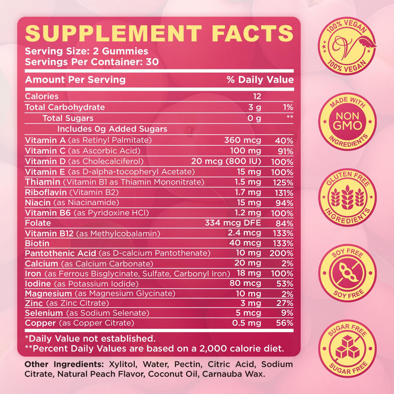 Iron Gummies for Women, Triple Iron Supplement with Multivitamin Iron Gummies with Vitamin C, A, B, Folate, Copper, Zinc for Energy & Blood Support, Immune Health, Vegan Peach, Flavor 120 Counts 120 Count (Pack of 1)