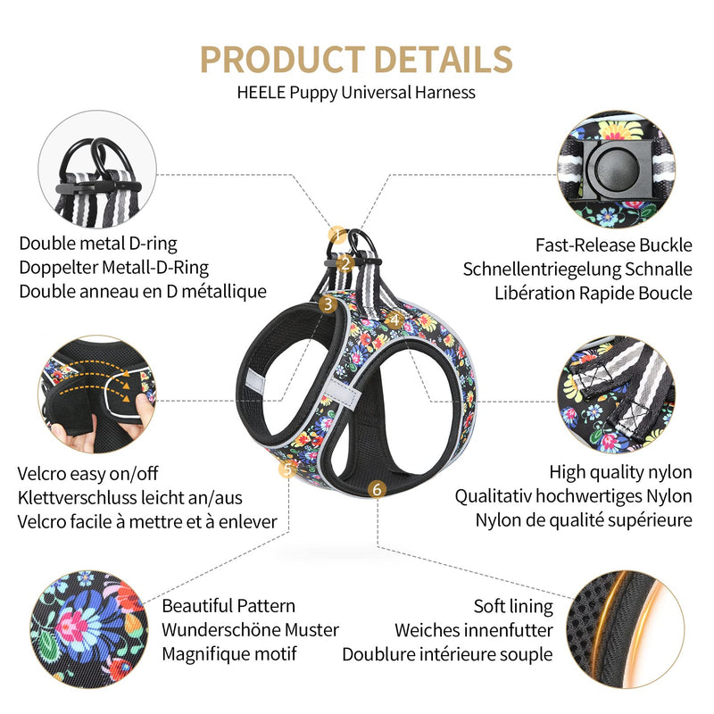 HEELE Dog Harness Dogs Small Dog Harness Anti Pull Breathable Chest Harness No Pull Safety Harness Reflective Adjustable Soft for Small Dogs Walking Running Training, Flower Black, L L (Pack of 1) R-Flower Black - BeesActive Australia