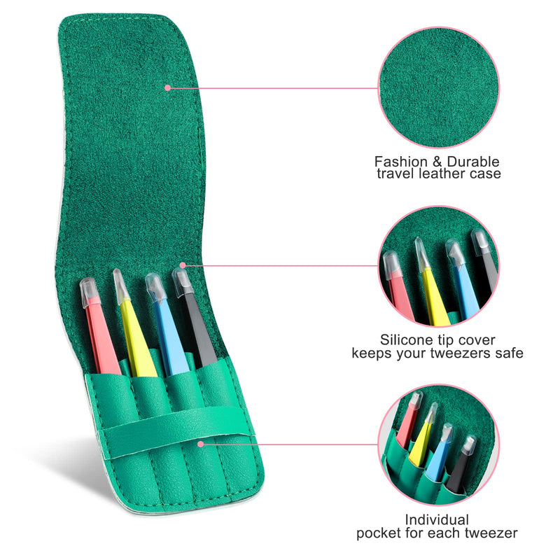 Tweezers Set, 4Pcs Tweezers for Women with Travel Case, Professional Stainless Steel Eyebrows Tweezers, Great Precision Tweezers for Ingrown Hair, Facial Hair, Splinter Removal (Multi-Color) Multi-color - BeesActive Australia