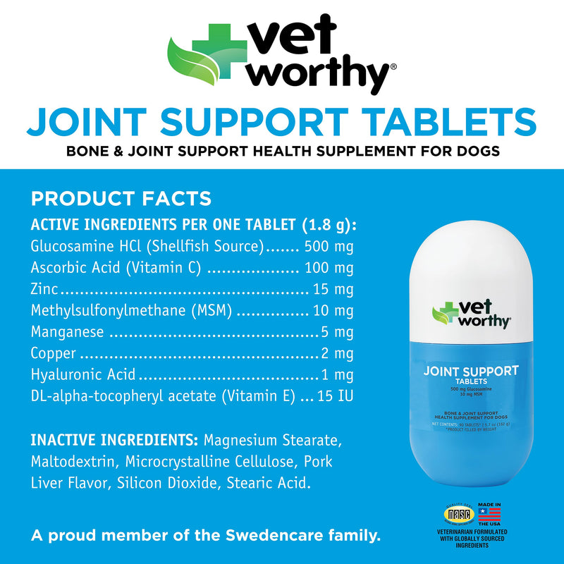 Vet Worthy Dog Hip and Joint Supplement - Glucosamine Chondroitin for Dogs with MSM and Essential Minerals - Early Care Formula for Dog Joint Health and Flexibility - Liver-Flavored Tablet (90 ct)