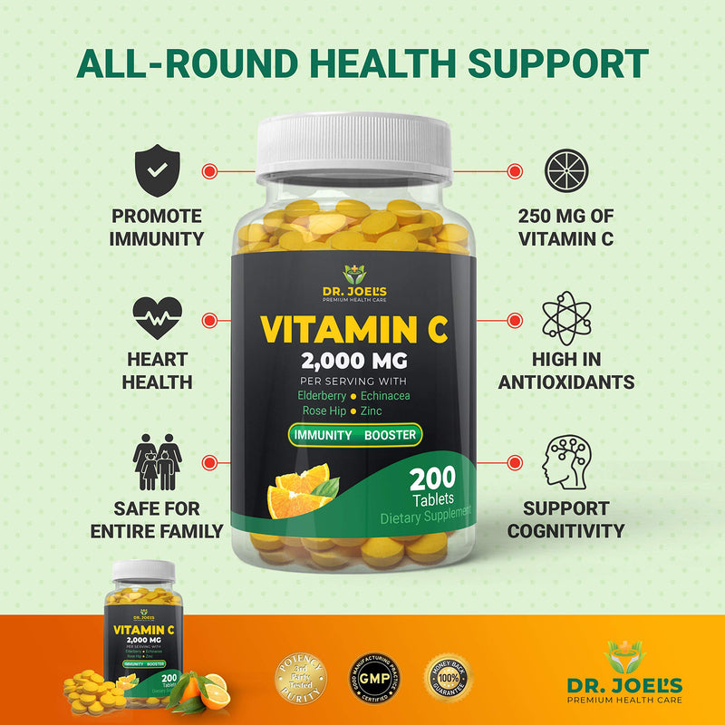 Dr. JOEL'S Immune Support Vitamin C 2000 mg - 200 Tablets - with Zinc, Elderberry, Rose Hip, Echinacea - Boosts Immune System- Made in USA 200 Count (Pack of 1)