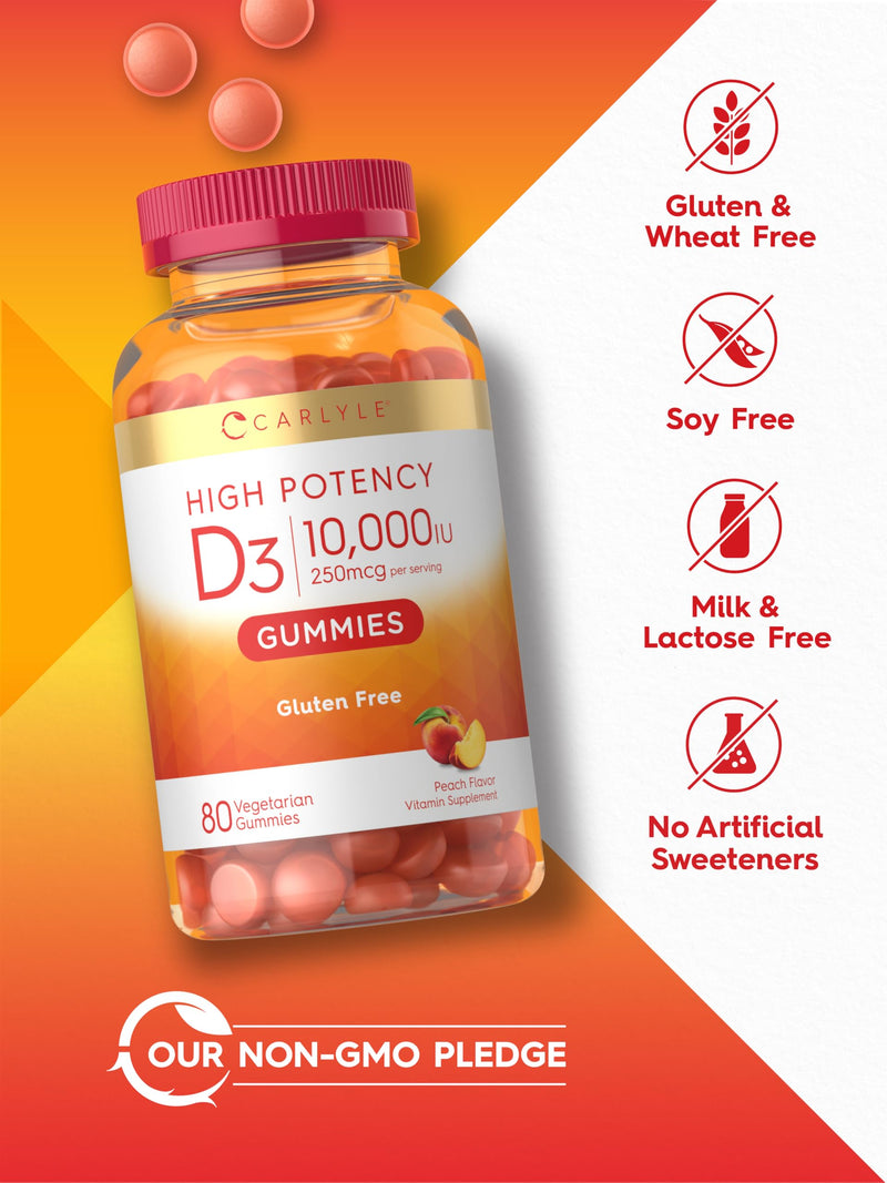 Vitamin D3 10000iu Gummies for Adults | 80 Count | Peach Flavored Gummy | High Potency For Women & Men | Vegetarian, Non-GMO, Gluten Free Supplement 80 Count (Pack of 1)