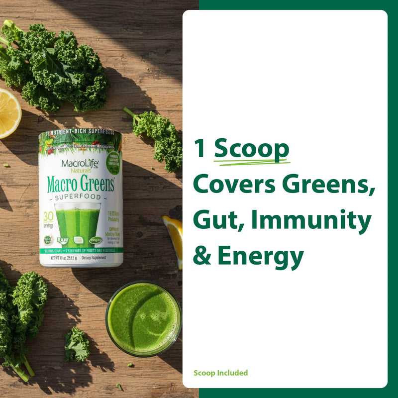 Macro Greens Powder, 10oz | Vegan, Digestive Enzymes, Adaptogens, 18 Billion CFU Probiotics, Non GMO, Vegan, Gluten & Dairy-Free, 30 Servings 10 Ounce (Pack of 1)