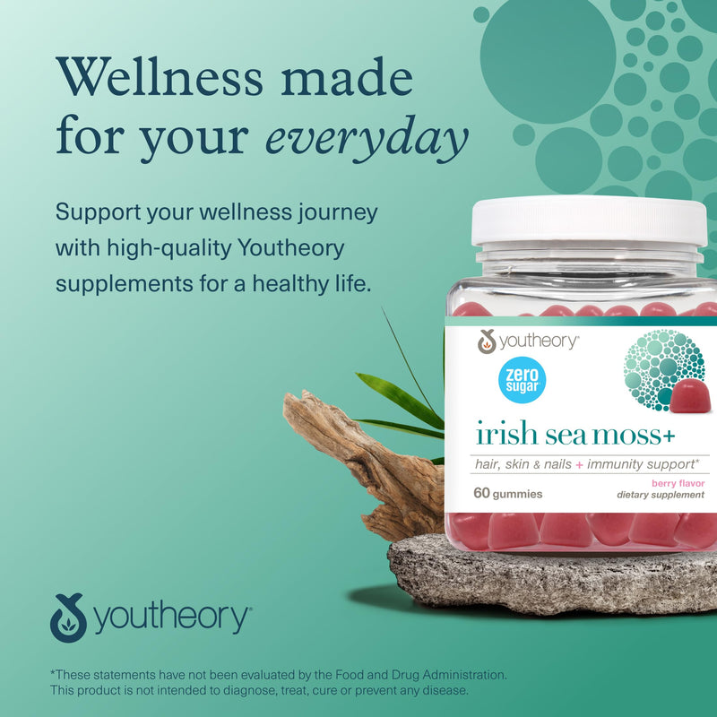 Youtheory Zero Sugar Irish Sea Moss Gummy, Berry, 60 Count, 30-Day Supply | Irish Sea Moss with Biotin and Vitamins C and D, Supports Hair, Skin, Nails, and Immune Health*, Delicious Sugar-Free Gummy 60 Count (Pack of 1)