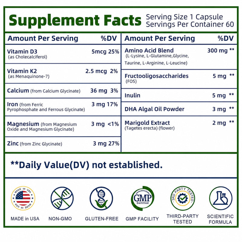 Height Growth Supplement, Bone Strength Support for Ages 6–12 | Premium Multivitamin Formula with L-Lysine, Vitamins D3 & K2, Calcium and Amino Acids for Nutritional Support, 120 Capsules 60 Count (Pack of 2)