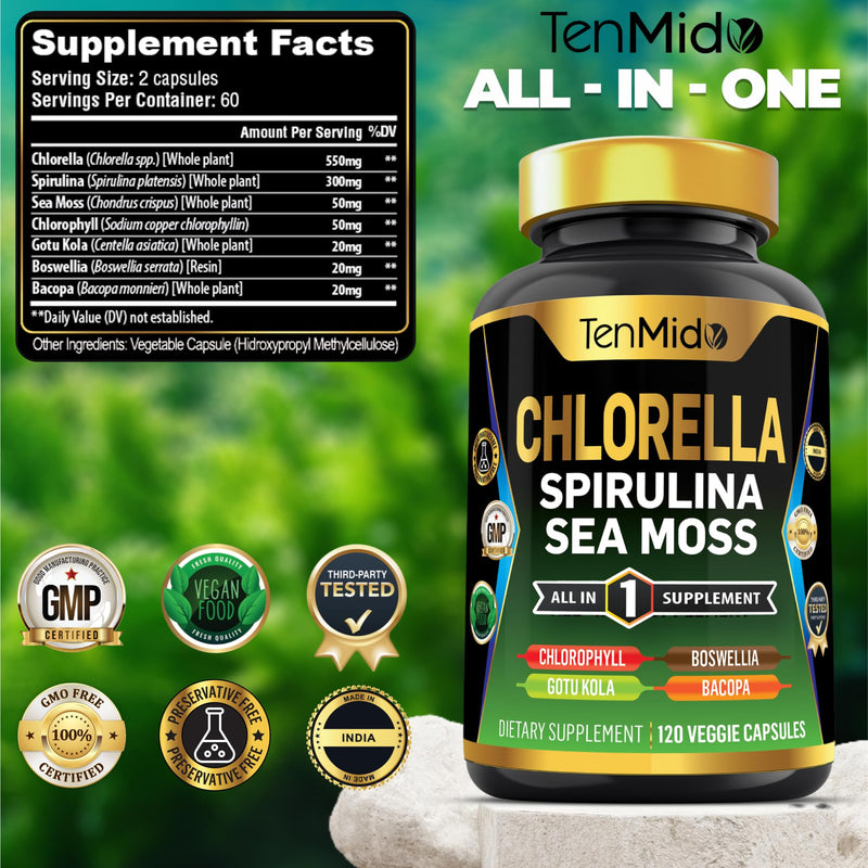 Chlorella Supplement for Men and Women - 7in1 Formula with Spirulina, Sea Moss, Chlorophyll, Gotu Kola, Boswellia & Bacopa - Immune Support - Rich in Nutrient, Vitamins - 120 Capsules