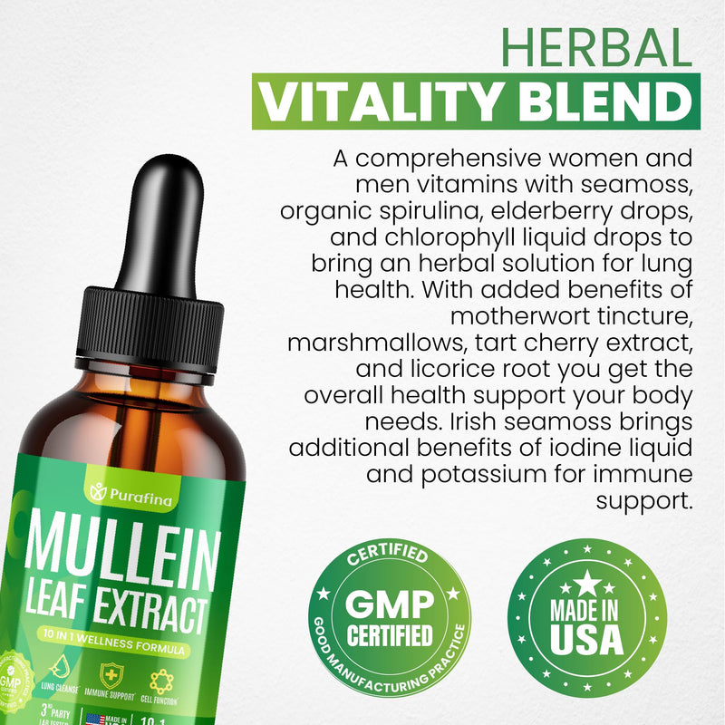 Mullein Drops for Lungs, 10-in-1 Mullein Leaf Extract for Lung Cleanse with Chrolophyll, Sea Moss, Spirulina, Elderberry Organic Respiratory Health Lung Detox - USA Made Mullin Supplement (1 Bottle)