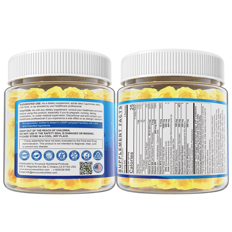 Omega-3 Gummies + CoQ10+ Magnesium- EPA 600mg & DHA 400mg, Fish Oil Omega 3 Supplements Alternative for Women Men Adults - from Vegan Algae Oil- Liposomal Form - with Plant Sterols, Garlic, Sugar Free 60 Count (Pack of 1)