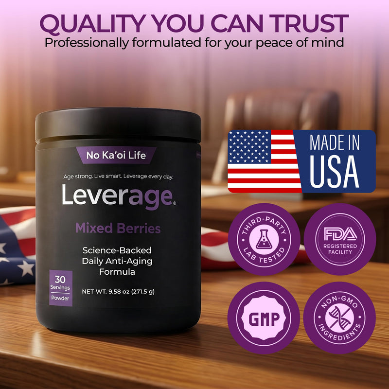 Leverage Mixed Berries Anti–Aging Supplement & Longevity Mix - Daily Wellness Multivitamin Powder with Hyaluronic Acid, L-Glycine & Magnesium for Skin, Energy, Cognitive Function & Joint–30 Servings