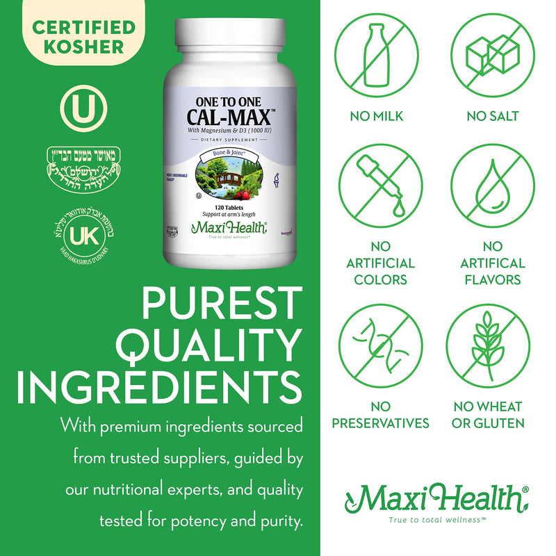 Maxi Health® Calcium Supplement 500mg with Magnesium & D3 (120 Tablets) | Kosher | 500mg Calcium, 500mg Magnesium & 1000 IU D3 | Bone, Teeth & Joint Support | Doctor Formulated Unflavored 120 Count (Pack of 1)