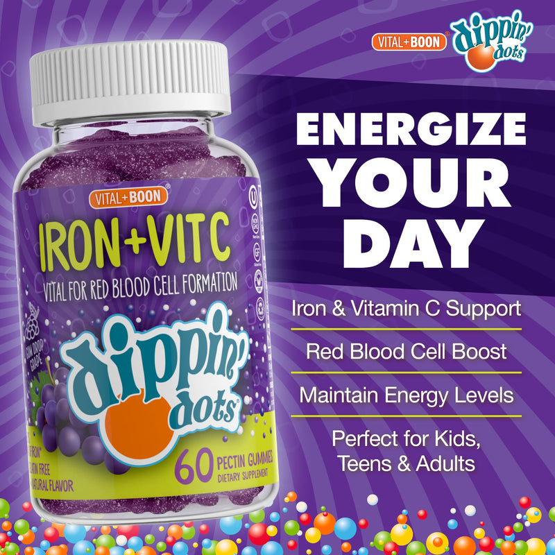 Dippin' Dots Iron Gummies for Women, with Vitamin C & B12 (60 Ct) | Gum Drop Grape iron supplement gummies with Vitamin C & B12, vital for red blood cells; vegan, gluten & gelatin free. 60 Count (Pack of 1)