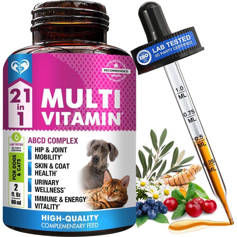 21-in-1 Multivitamin for Dogs and Cats – Liquid Drops with Glucosamine & Cranberry – Hip & Joint, Urinary Tract, Skin & Coat, Immune Support – All Breeds & Sizes – 60 mL