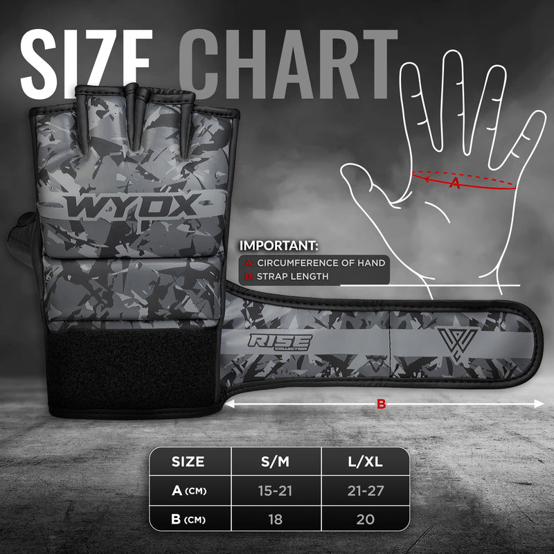 WYOX MMA Gloves for Men & Women – Grappling & Sparring Boxing Gloves with Open Palm Design, Padded Fingerless Training Gloves for Kickboxing, Muay Thai L / XL (21-27 cm) Grey Camo