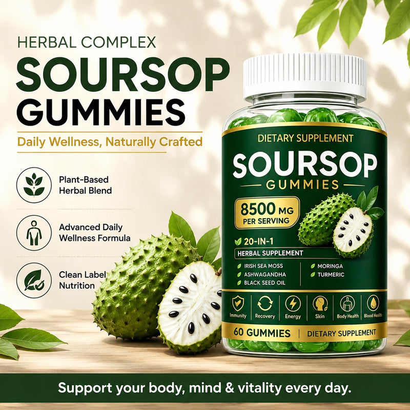 Soursop Gummies with Graviola Leaf Extract, Vitamin C & Zinc - Immune Support, Antioxidant & Calming Relief - Non-GMO, Sugar Free, Gluten Free, Vegan, 60 Count
