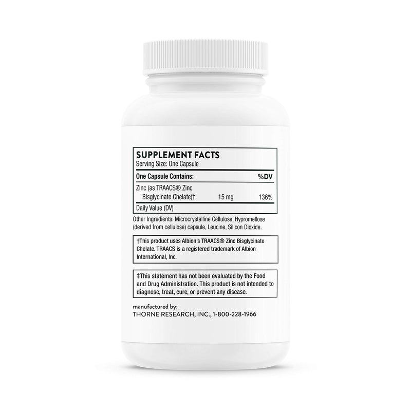 Thorne Zinc Bisglycinate 15mg - Daily Support for Skin, Eye & Immune System Health with Zinc Supplement Capsules - 60 Capsules Unflavored 60 Count (Pack of 1) - BeesActive Australia