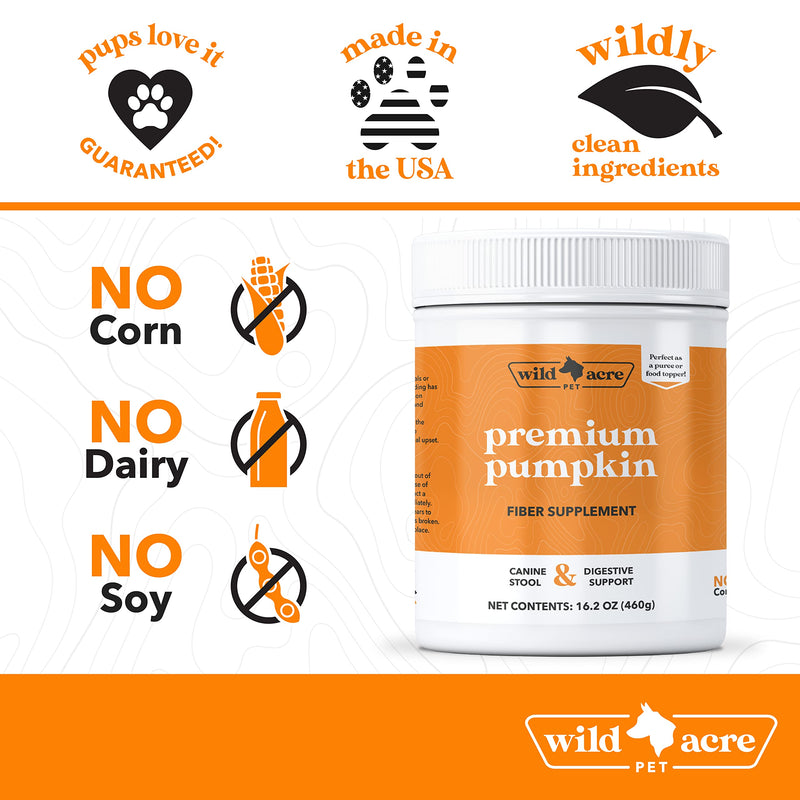 Wild Acre Pumpkin Powder for Dogs - No More Diarrhea or Scoots! - Digestive Puree Treat or Food Topper - Fiber Supplement for Dogs with Prebiotics, 16oz 16 oz