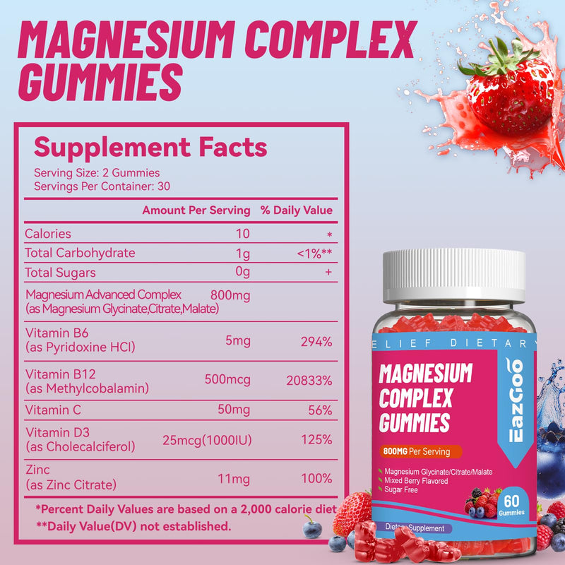 Magnesium Gummies 800mg for Women Men with Vitamin D3, C, B6, B12 & Zinc | 3 Forms of Magnesium (Citrate, Glycinate, Malate), Magnesium Complex Gummies for Muscle, Mood & Energy, Vegan 120 Counts 60 Count (Pack of 2)