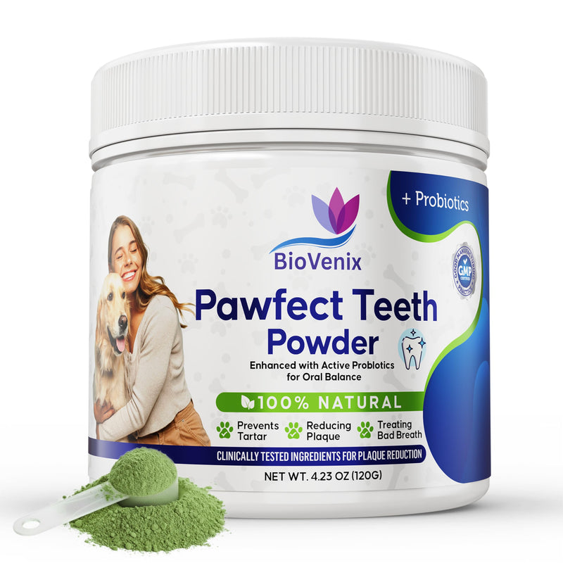 Plaque Control Powder for Dogs & Cats/Pet Teeth Cleaning Supplements/Natural Breath Freshener Food Topper/Daily oral Hygiene Support / 120g / No Toothbrush or Toothpaste Needed
