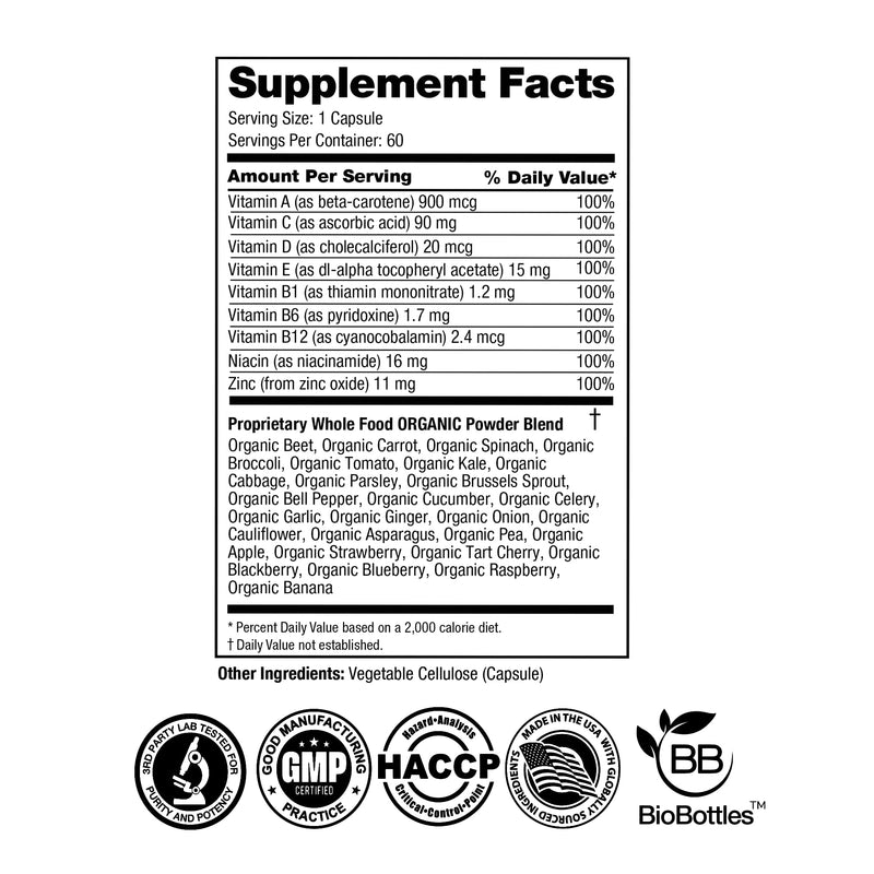 FEEL GOOD Superfoods Vita Fruits and Veggies Capsules - 25 Superfood Ingredients, Fruit and Vegetable Multivitamin, 60 Count - for Men and Women - Vitamins A, C, D, E, B and Zinc Vita - 60 Count