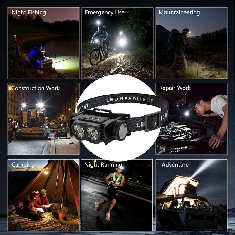 2-Pack LED Headlamp Rechargeable – Super Bright Magnetic Headlight with Type-C Fast Charging, Waterproof, Real-Time Power, Lightweight, 120° Adjustable Beam, Compact for Camping, Hiking, Work, Black