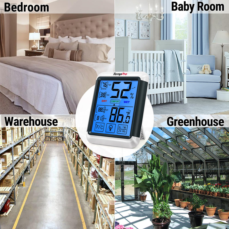 TempPro TP55 Digital Indoor Hygrometer Thermometer, 4-Inch Temperature/Humidity Monitor with Touchscreen and Backlit, Room Thermometer/Humidity Meter for House Home Greenhouse (Previously ThermoPro) 2