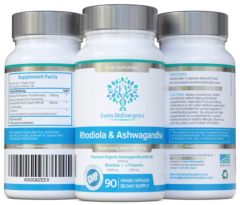 Rhodiola & Ashwagandha with L-Theanine - Award Winning Ashwagandha KSM-66 600mg & 1500mg Rhodiola (3% Rosavins - 1% Salidrosides) whole root equivalent- adaptogen combo- No artificial fillers - BeesActive Australia
