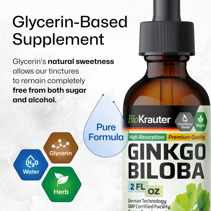 BIO KRAUTER Ginkgo Biloba Extract - Liquid Ginkgo Biloba Supplements for Brain - Vegan, Alcohol & Sugar Free - 2 Fl Oz 2 Fl Oz (Pack of 1)