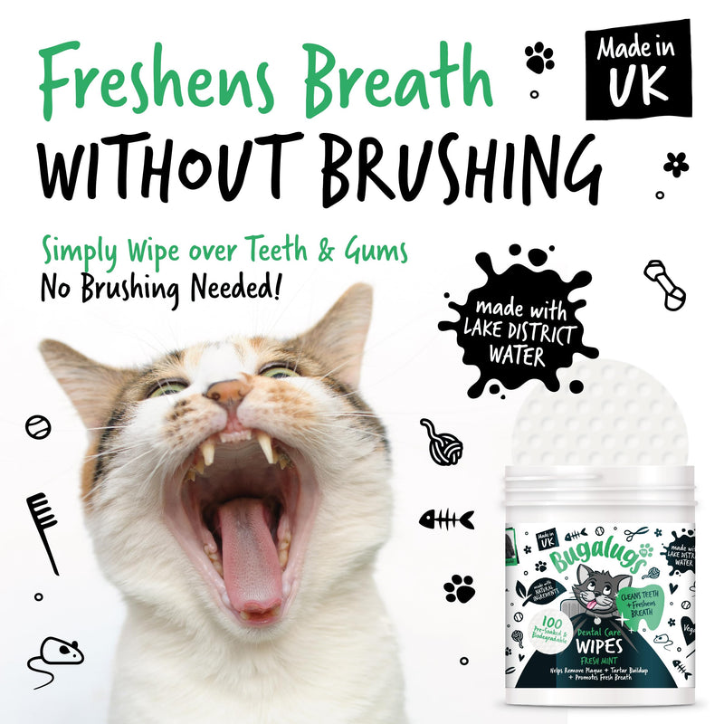 BUGALUGS Cat Breath Freshener Cat Teeth Wipes - Cat Plaque Remover Cat Wipes & tartar remover for teeth. Cat Teeth Cleaning Product No Cat Toothbrush And Paste Brushing Needed (Cat 100 Wipes)