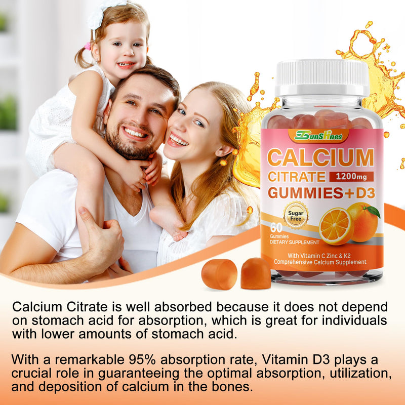5-in-1 Calcium Citrate Gummies 1200mg with D3, K2, Zinc, VC | Sugar Free, Non-GMO Chewable; Immune Support,Teeth & Muscle Healthy for Women & Kids; 60 Count; Orange Flavor 60 Count (Pack of 1)