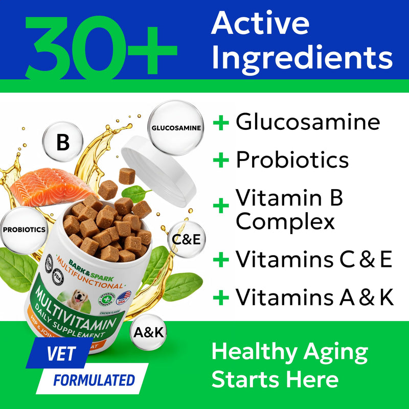 BARK&SPARK Dog Multivitamin Chews Glucosamine Chondroitin with Omega 3, Digestive Enzymes & Probiotics | Vitamins and Supplements for Dogs Pet Skin & Coat & Joint & Gut Health Support - 120ct