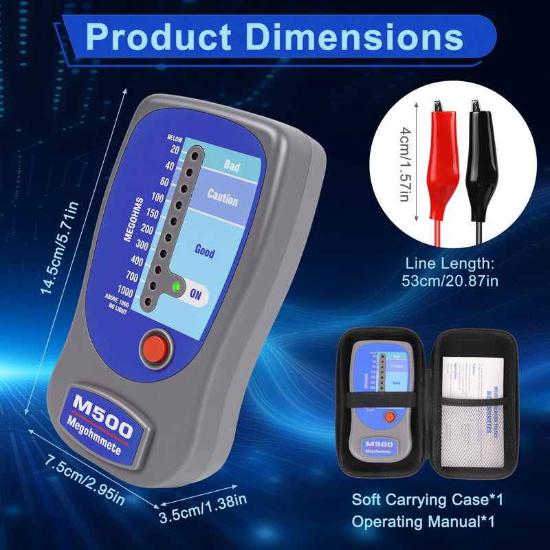 Insulation Tester Megohmmeter, 1000 Megohms at 500V, Compatible with Supco M500, Professional HVAC Tool for Compressor & Motor Windings, LED Zone Scale Indicator, Impact Resistant with Soft Case