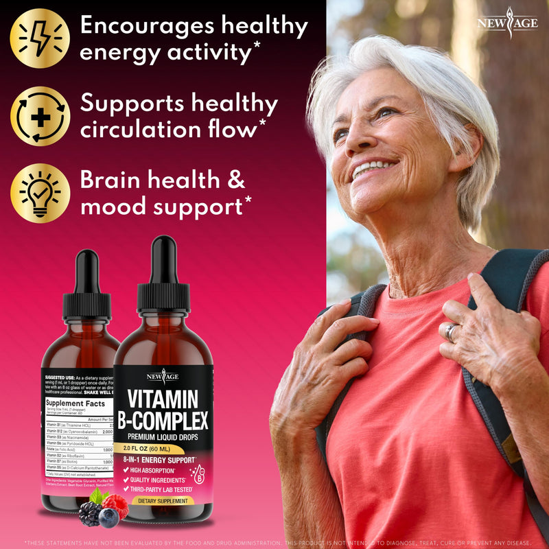 NEW AGE Vitamin B-Complex B5 Pantothenic Acid | B12 Methylcobalamin | B1 Thiamine | B6 Pyridoxine | B7 Biotin | B9 Folic | B3 Niacinamide - B Complex Liquid Drops, Made in USA Supplement - 2fl oz 2 Fl Oz (Pack of 1)