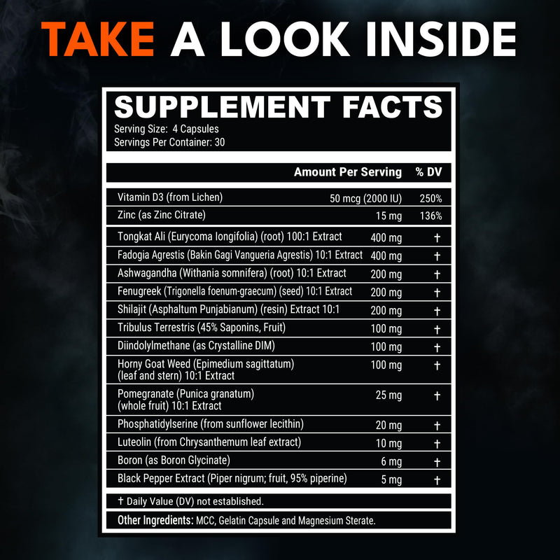 Advanced Testosterone Supplement for Men - 15-in-1 Complex - 1 Month Supply | Support for Test, Vitality, Energy & Strength with Vitamin D3, Zinc, Tongkat Ali, Ashwagandha, Shilajit, Fenugreek, Boron 120 Count (Pack of 1)