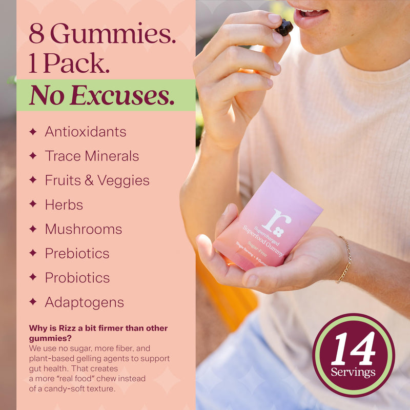 RIZZ Sugar-Free Green Gummies - 60+ Superfoods 6g Fiber - 30 Day Supply Prebiotic and Probiotic Gummies - Vegan Multivitamins for Women & Men - Gluten Free - Mushroom, Fruit and Vegetable Supplements